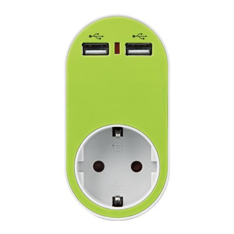 АДАПТОР SCHUKO С 2 USB И ЗЕЛЕНА ЗАЩИТА