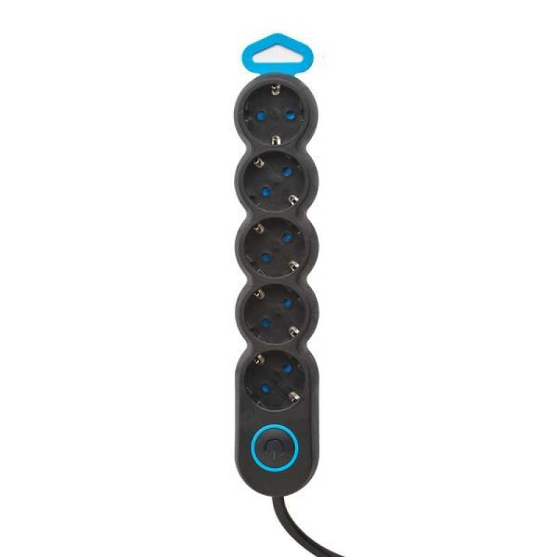 SOCKET 5 SCHUKO HOLES CABLE OVAL  3X1,5mm EXTENSION 1,5m  BLACK WITH SWITCH & SHUTTER PROTECTION 147-62416