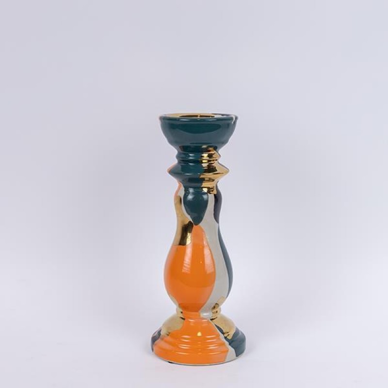 CANDLE HOLDER, CERAMIC,ORANGE-DARK GREEN-GOLD, 12.5x12.5x30.5cm 752-25058