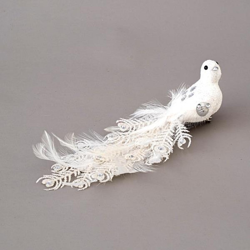BIRD WHITE, WITH GLITTER AND FEATHERS, 28cm 600-45326