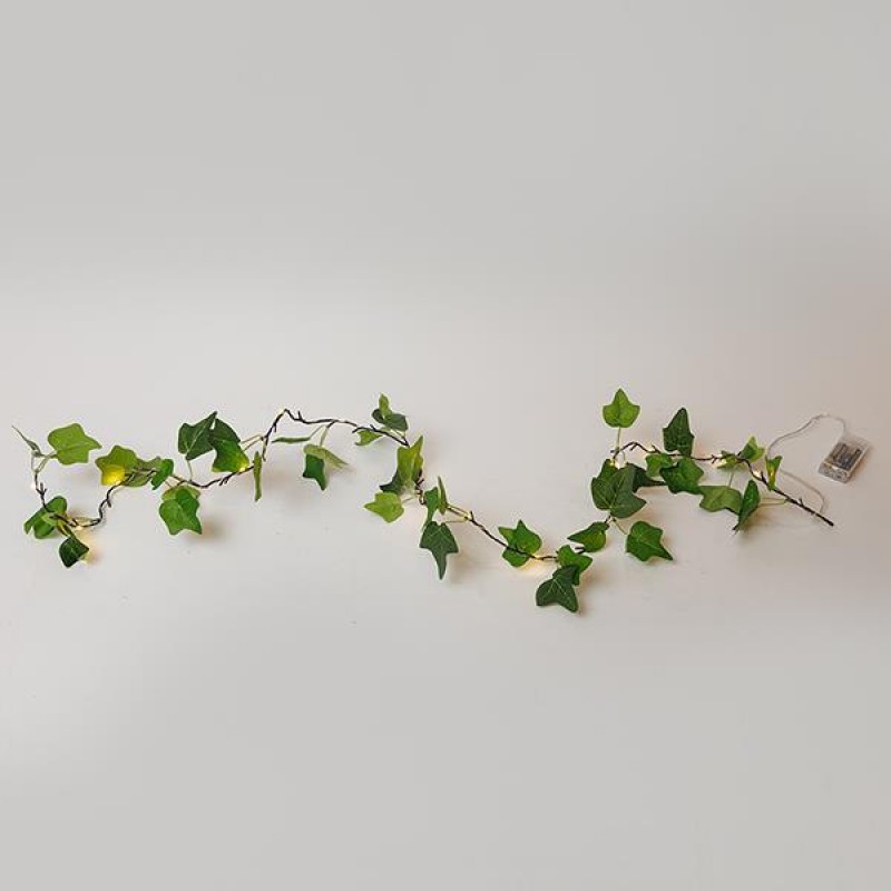 LIGHTED GARLAND WITH GREEN LEAVES 150cm, 16 WARM WHITE MINI LEDS, BATTERY BOX 2xAA, LEAD WIRE 30cm, IP20 816-30002