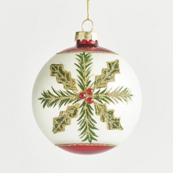 GLASS BALL, WHITE WITH GREEN SNOWFLAKE, SET 4PCS,8cm 600-42801