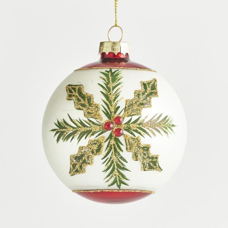 GLASS BALL, WHITE WITH GREEN SNOWFLAKE, SET 4PCS,8cm 600-42801