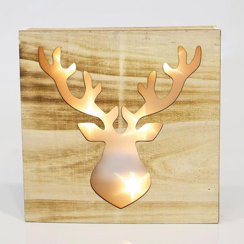 FRAME WOODEN LIGHTED  WITH DEER, BATTERY OPERATED, 5 WARM WHITE LED, 20X20cm 600-40181