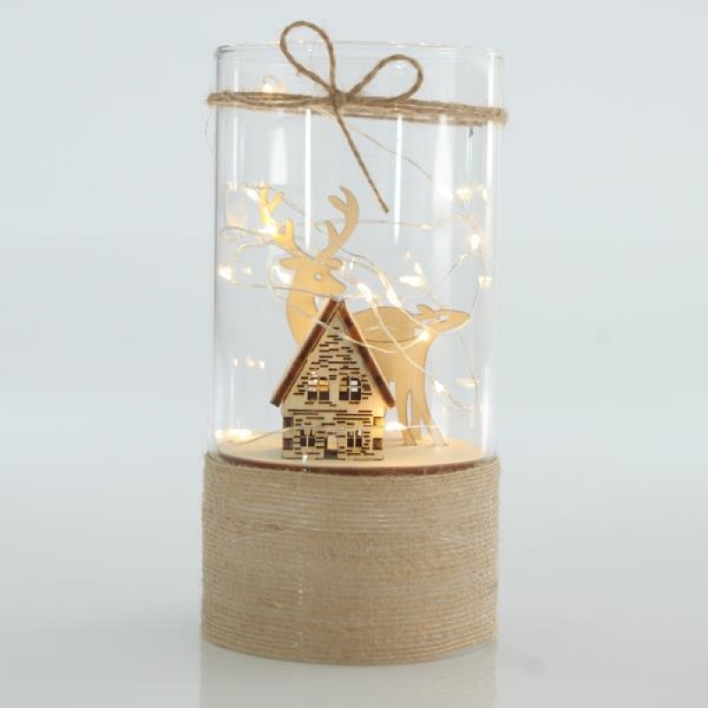 GLASS LIGHTED DECORATIVE WITH HOUSE AND DEER, 9x18cm 600-42349