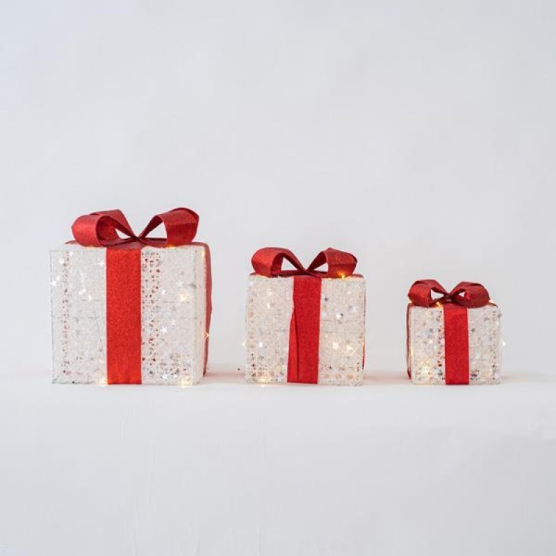LIGHTED GIFTS, WHITE WITH RED RIBBON, 15-20-25cm 600-45622