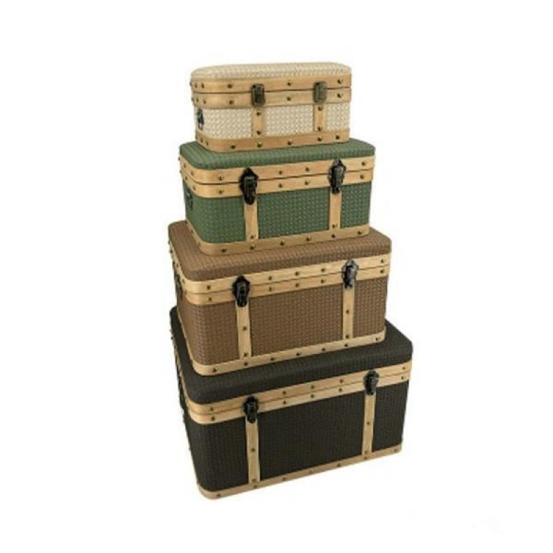S/4 WOODEN CHEST, BROWN-BEIGE-GREEN-ECRU,  69x43x41, 59x36x33, 49x28x28, 39x22x19cm 810-00062