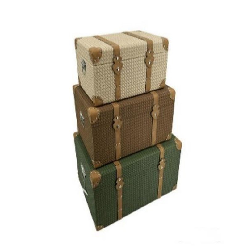 S/3 WOODEN CHEST, BROWN-GREEN-ECRU,  56x34x30, 48x29x25, 40x24x20cm 810-00063