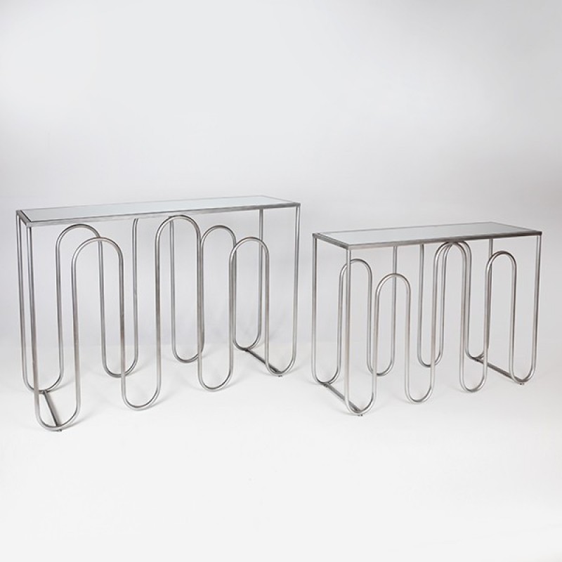 S/2 CONSOLE, METAL-MDF, SILVER COLOR, GLASS TOP MIRROR, 120x35x81cm, 100x30x70cm 810-00077
