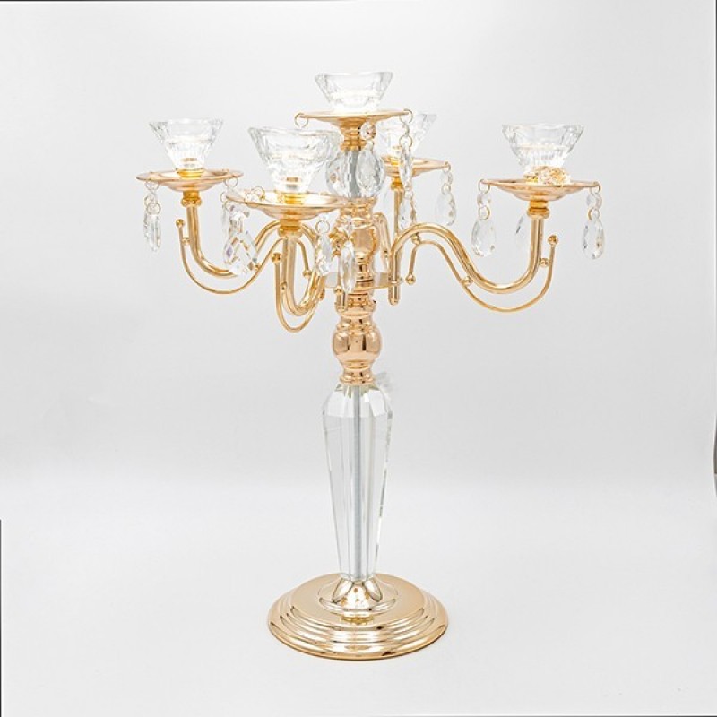 CANDLE HOLDER WITH AMBER GLASS CUP METAL GOLD 5 POSITIONS 39x49cm 819-00236