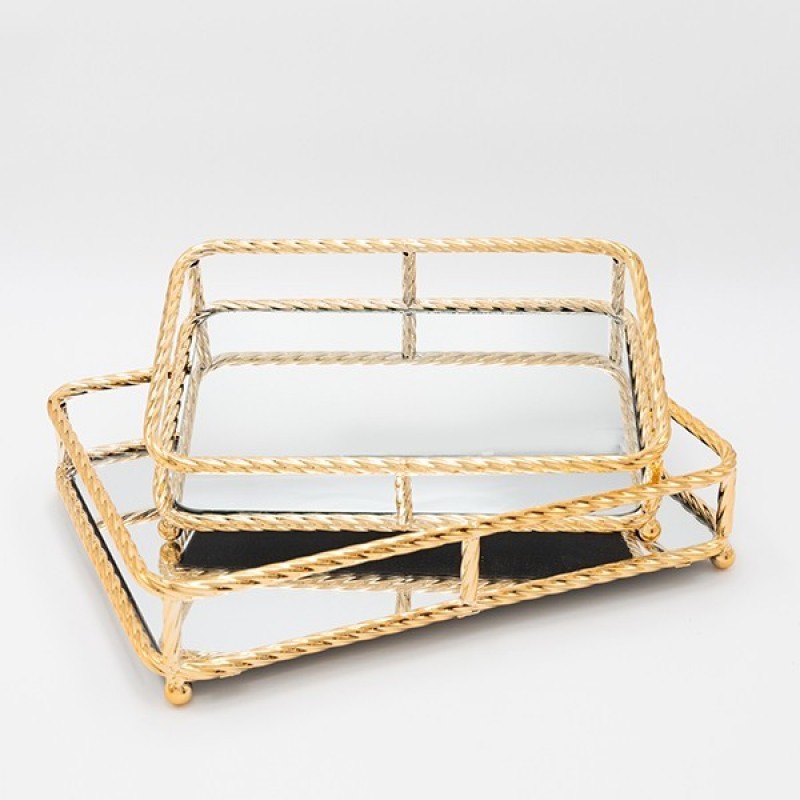 S/2 TRAY, METAL, WITH MIRROR, GOLD, 30x20/36x26cm 819-00269