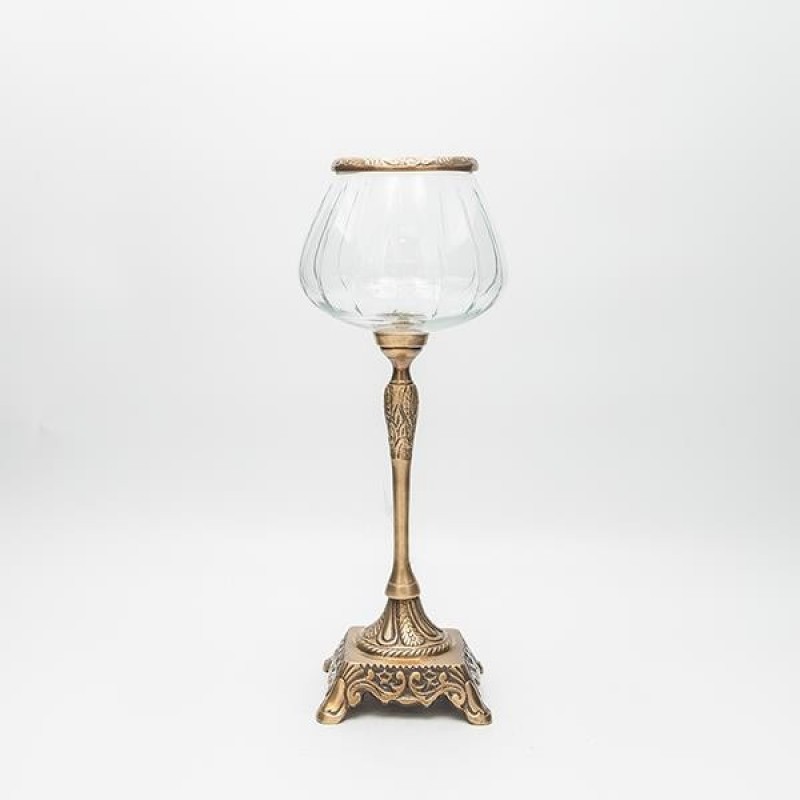 CANDLE HOLDER, GLASS WITH METALLIC BASE, ANTIQUE GOLD-CLEAR GLASS, 13x13x33cm 819-00425
