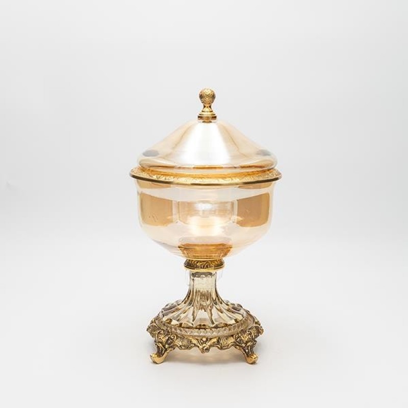 SWEET JAR, GLASS WITH METALLIC ACCENTS,ANTIQUE GOLD-AMBER GLASS, 17x17x28cm 819-00431