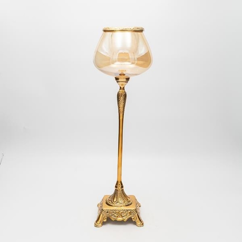 CANDLE HOLDER, GLASS WITH METALLIC BASE, ANTIQUE GOLD-AMBER GLASS, 14x14x43cm 819-00436