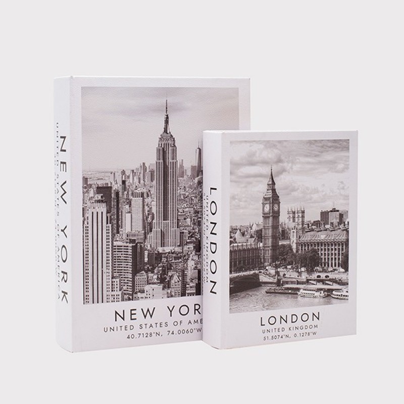 S/2 DECORATIVE BOOK BOX NEW YORK-LONDON, WHITE-BLACK, 27x20x5.5, 34x25x7cm 819-00467