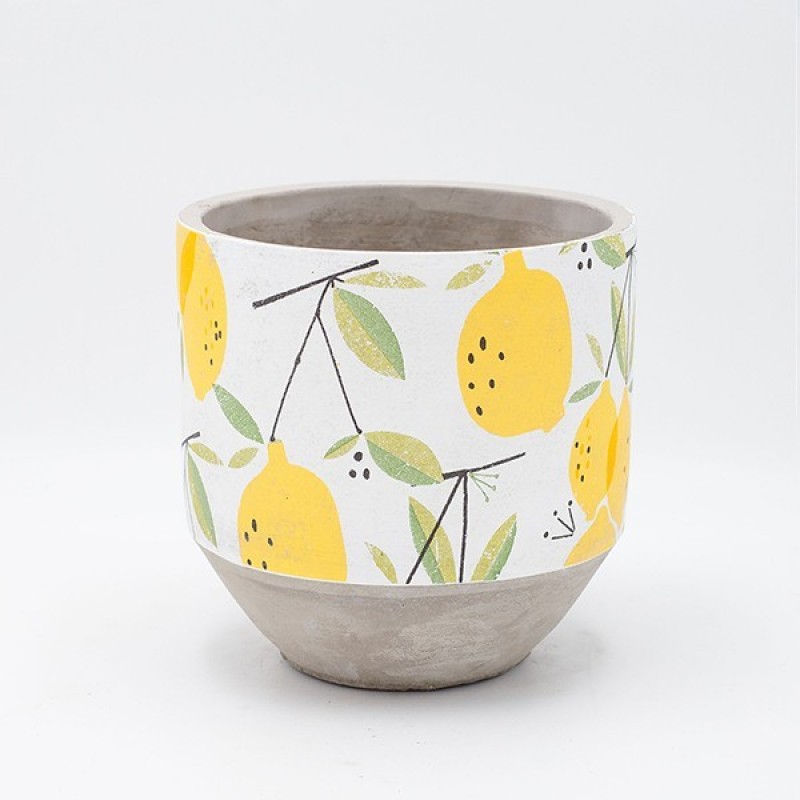 POT WITH LEMONS, CEMENT, WHITE-YELLOW, 17x17x17cm 819-00614