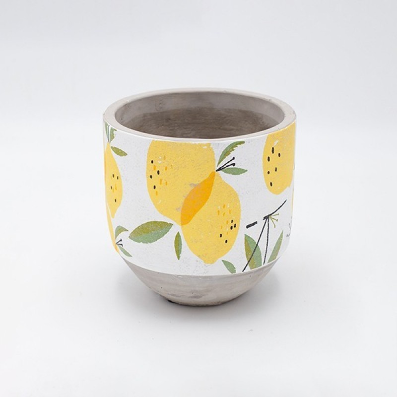 POT WITH LEMONS, CEMENT, WHITE-YELLOW, 14x14x14cm 819-00615