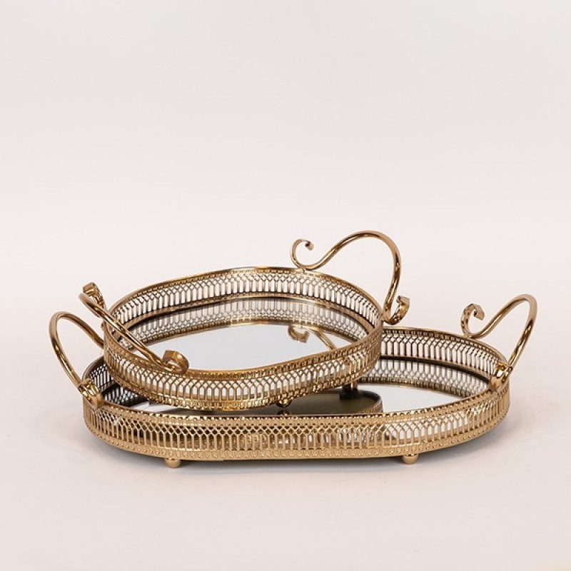 S/2 TRAY, METAL, WITH MIRROR, BRONZE S:28x18x10, L:38x23x11cm 819-00888