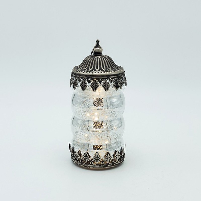 LANTERN METAL - GLASS WITH BATTERY SILVER - BLACK 8x8x17.5cm 819-01112