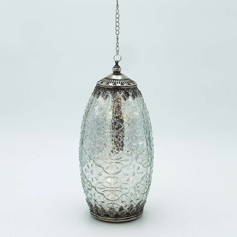 LANTERN METAL-GLASS WITH BATTERY SILVER - BLACK 11.5x11.5x24.5cm 819-01113