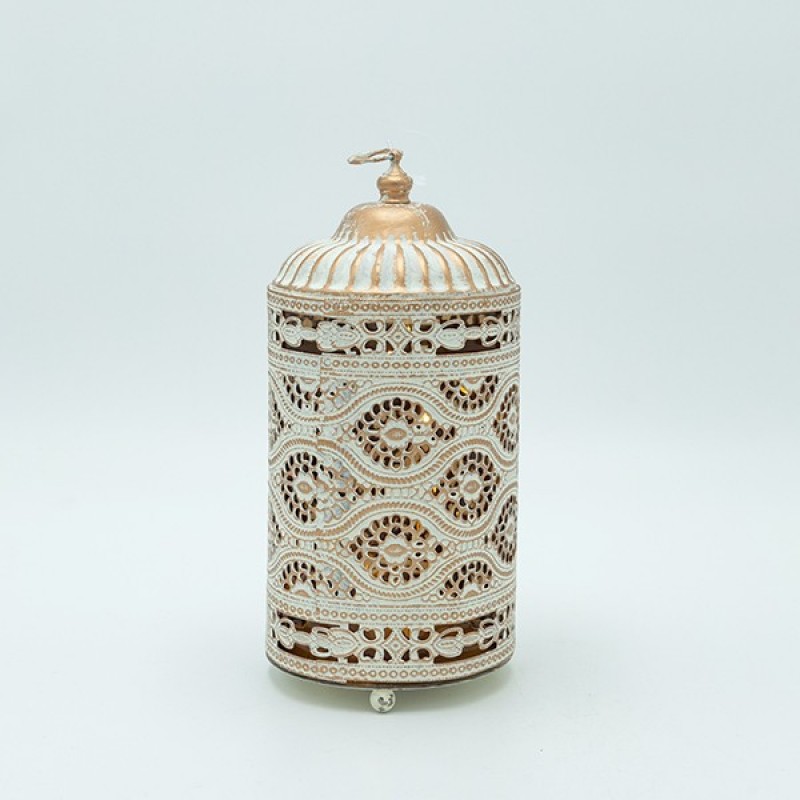 LANTERN METAL - GLASS WITH BATTERY WHITE - GOLD - AMBER 10x10x21.5cm 819-01118