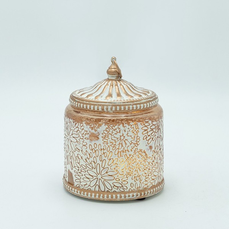 LANTERN METAL - GLASS WITH BATTERY WHITE - GOLD - AMBER 10x10x13.5cm 819-01120