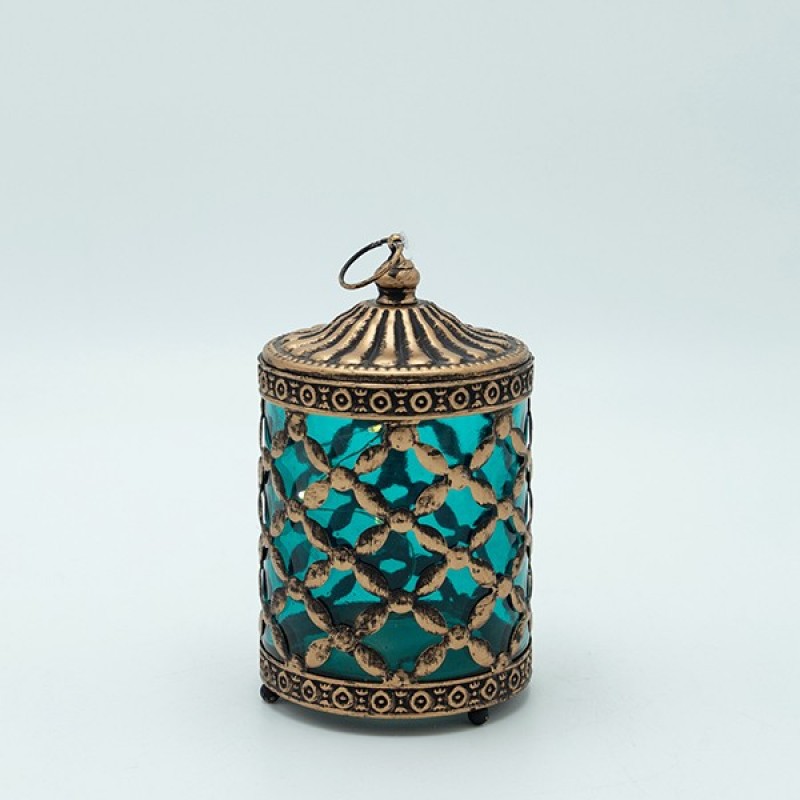 LANTERN METAL - GLASS WITH BATTERY GOLD - GREEN 8.5x8.5x15cm 819-01127
