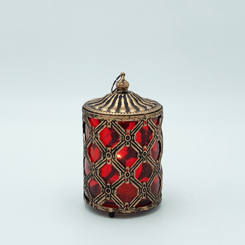 LANTERN METAL - GLASS WITH BATTERY GOLD - RED 8.5x8.5x15cm 819-01128