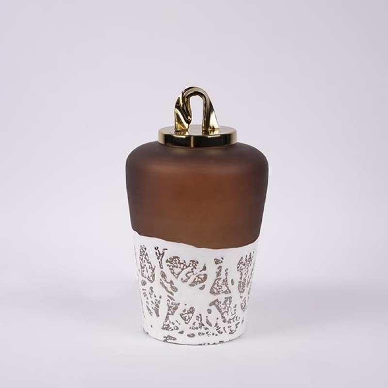 CONTAINER WITH CAP, GLASS WITH METALLIC ELEMENTS, GOLD-WHITE-BURGUNDY, 19x19x32cm 819-00442