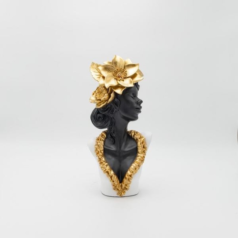 DECORATION SCULPTURE WOMAN WITH FLOWER BLACK - WHITE- GOLD 15x9x31.5 819-01199
