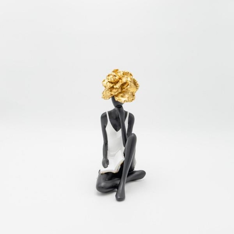 DECORATIVE SCULPTURE WOMAN WITH FLOWER WHITE-BLACK-GOLD 10.5X16.5X24.5CM 819-01237