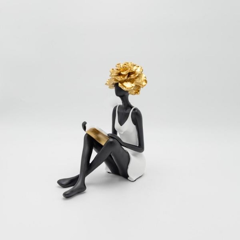 DECORATIVE SCULPTURE WOMAN WITH FLOWER WHITE-BLACK-GOLD 9X21X24CM 819-01238