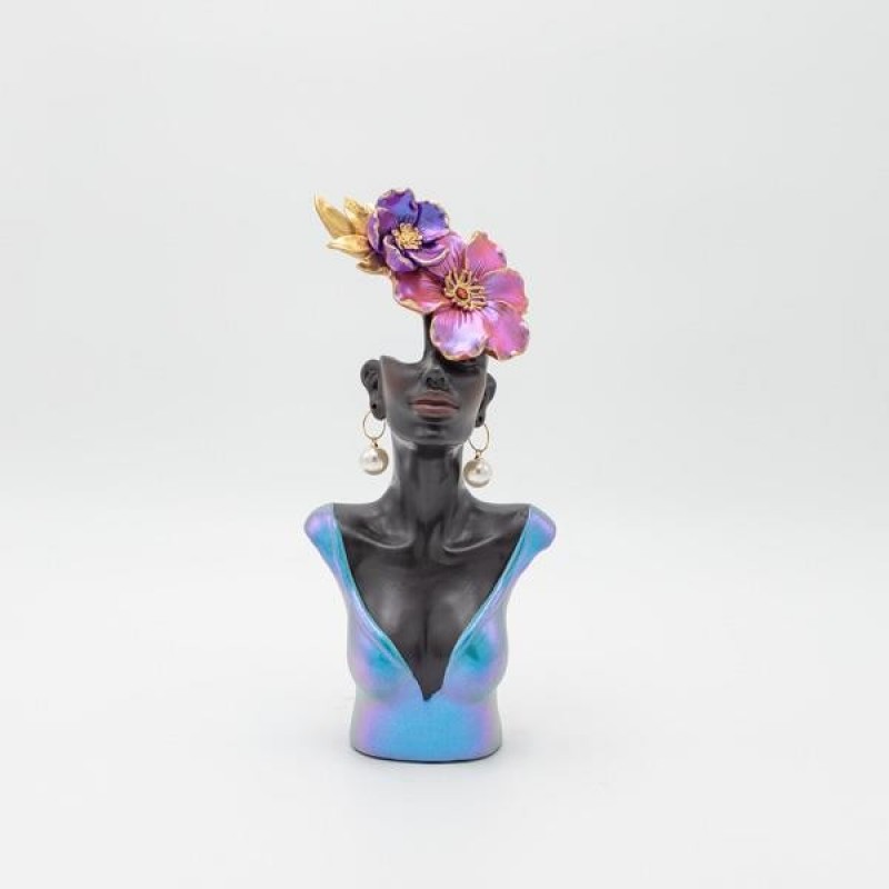 DECORATIVE SCULPTURE WOMAN WITH FLOWERS BLACK-BLUE-PINK 16.5Χ10Χ40.5CM 819-01239