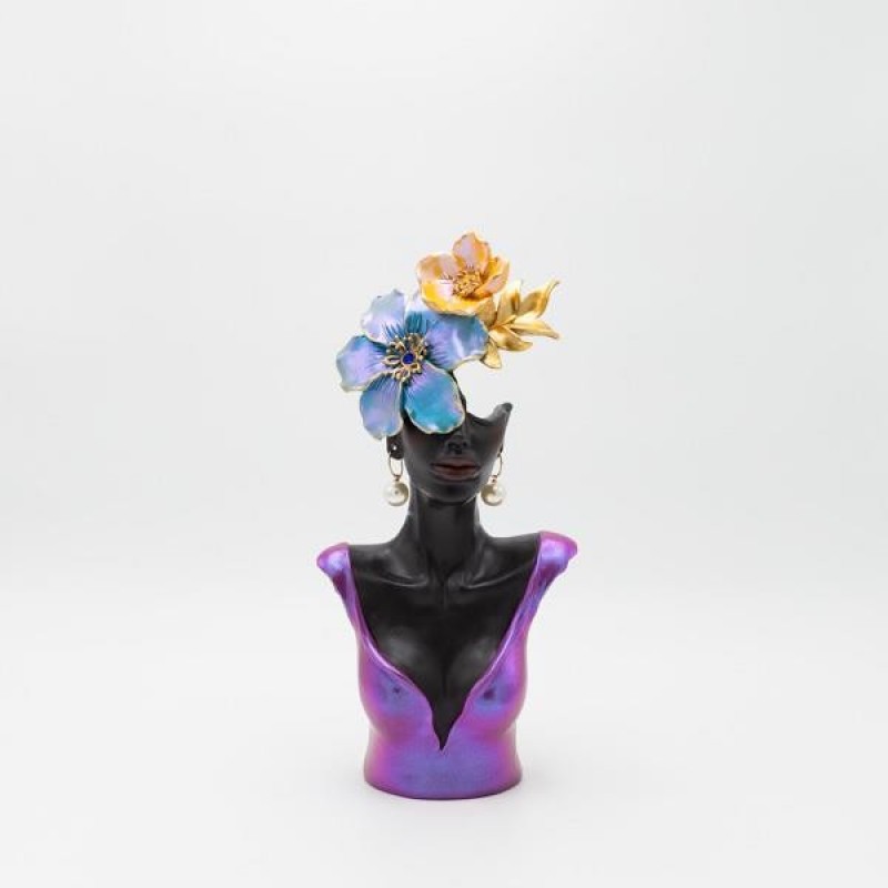 DECORATIVE SCULPTURE WOMAN WITH FLOWERS BLACK-MAUVE-GOLD 15.5Χ7.5Χ33CM 819-01241