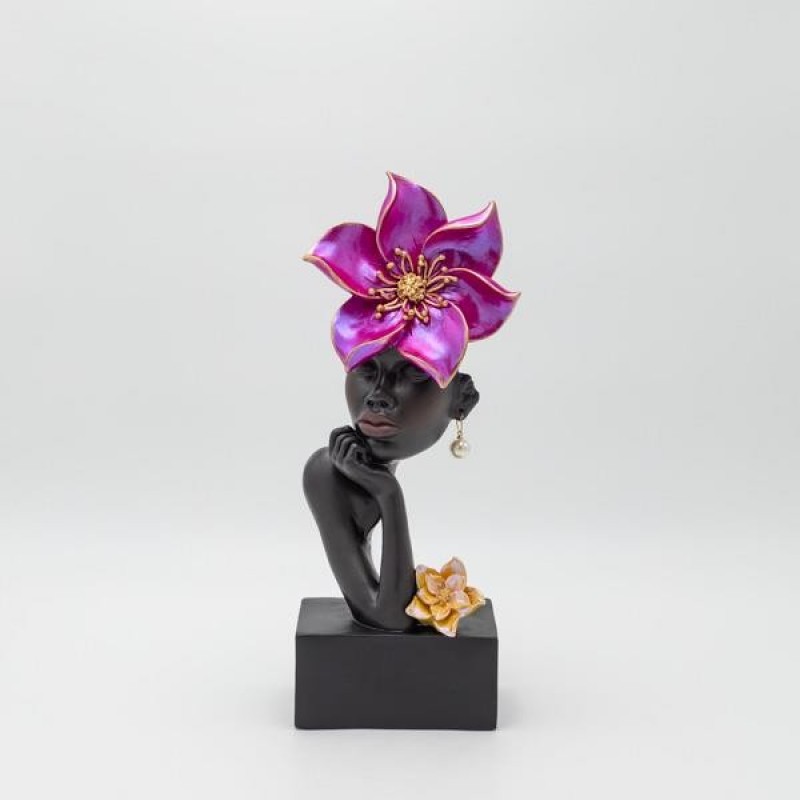 DECORATIVE SCULPTURE WOMAN WITH FLOWERS BLACK-MAUVE-GOLD 13Χ7.5Χ32.5CM 819-01242
