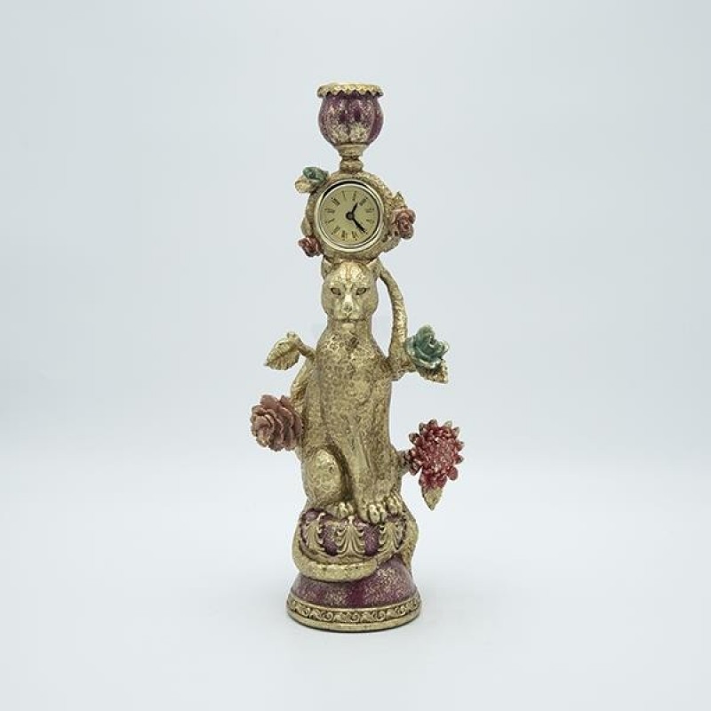 CANDLE HOLDER LEOPARD WITH CLOCK POLYRESIN GOLD 15x11x35.5cm 819-01249