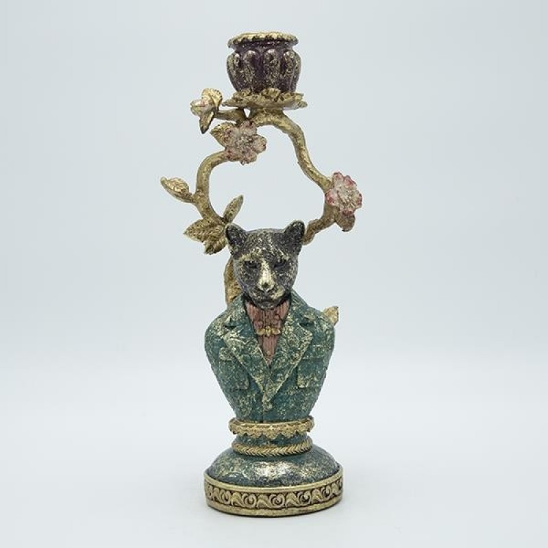 CANDLE HOLDER LEOPARD POLYRESIN GOLD - BLUE 13.5x11.5x31.5cm 819-01255