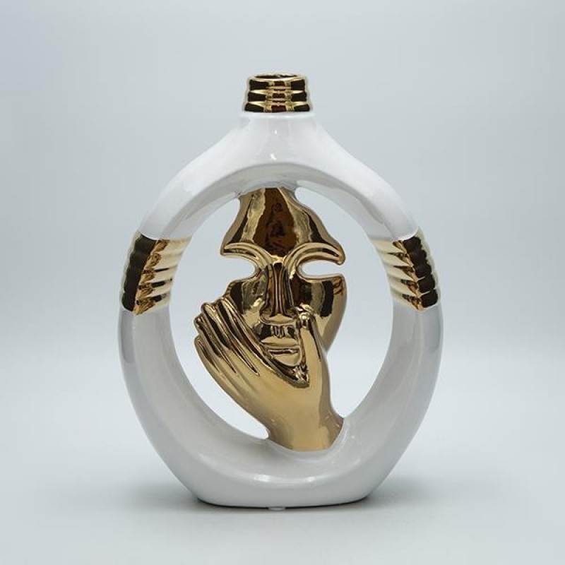VASE FACE CERAMIC WHITE-GOLD 22.5x8x30.5cm 819-01316
