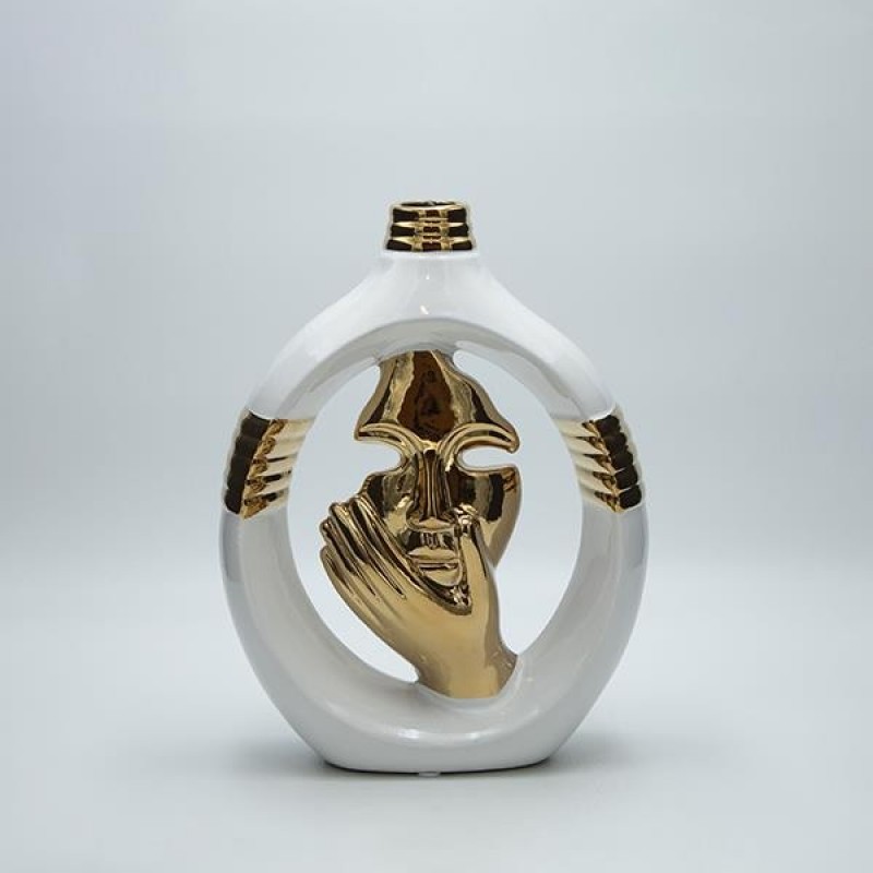 VASE FACE CERAMIC WHITE-GOLD 18.5x6.6x25.5cm 819-01317