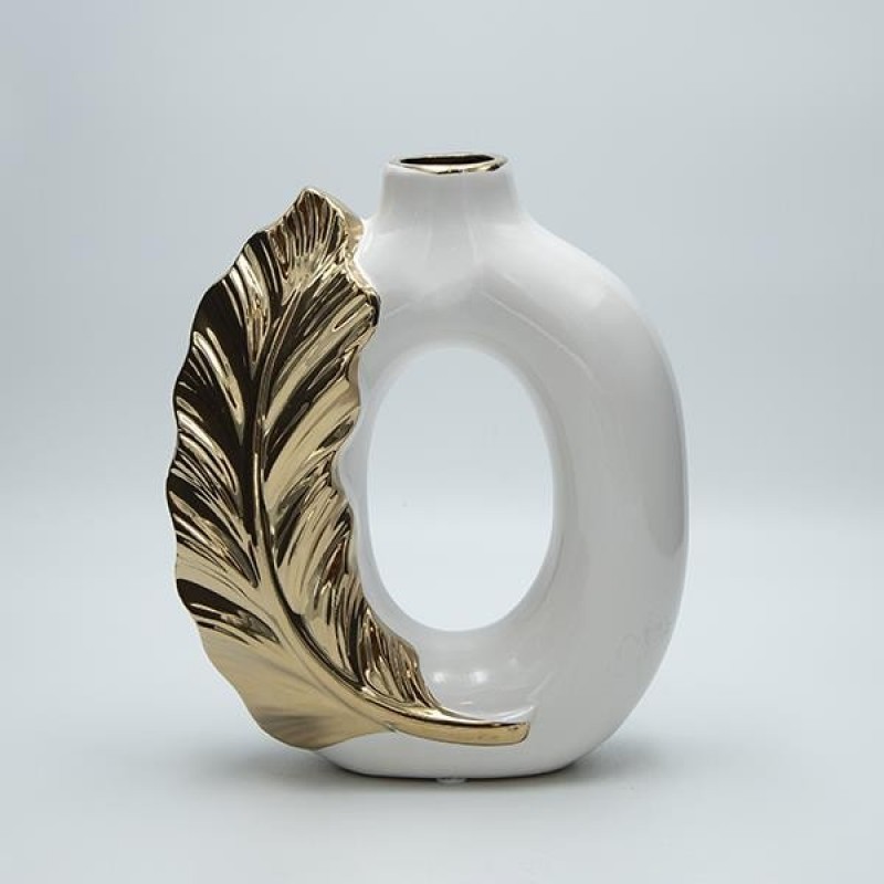 VASE LEAF CERAMIC WHITE-GOLD 20x8x25.5cm 819-01324