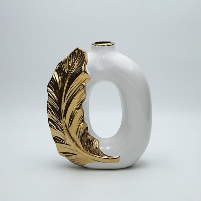 VASE LEAF CERAMIC WHITE-GOLD 18.5x8x22cm 819-01325