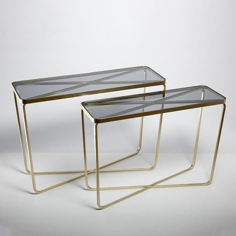 S/2  SIDE TABLES METAL GOLD GLASS TOP 106.5x35.5x78.5cm /99x30.5x72cm 810-00158