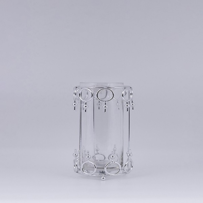 CANDLE HOLDER GLASS WITH METALLIC ACCENTS SILVER 12x17cm 819-00965
