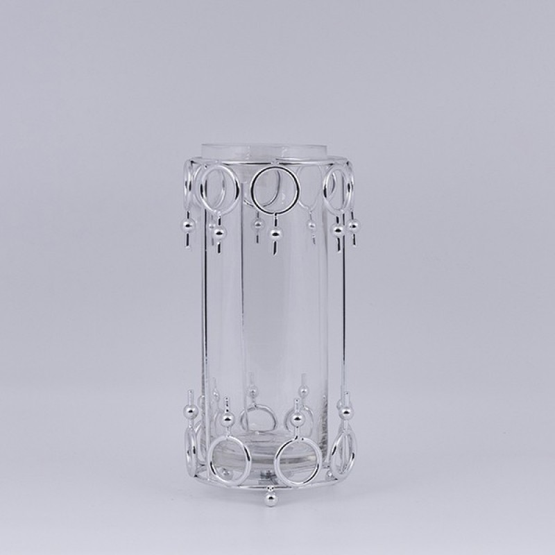 CANDLE HOLDER GLASS WITH METALLIC ACCENTS SILVER 12x22cm 819-00966