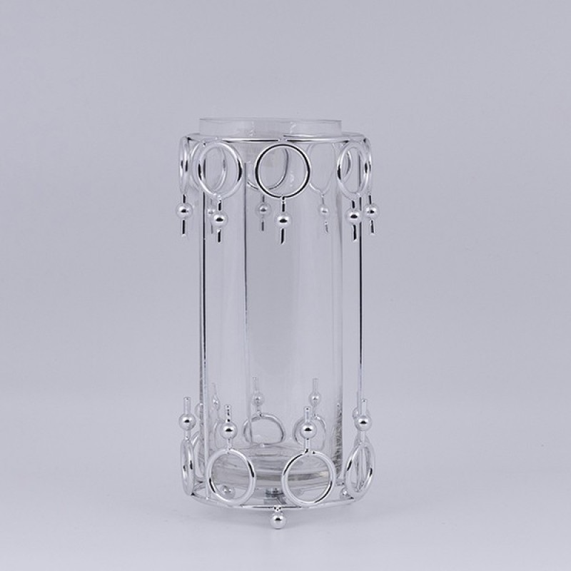 CANDLE HOLDER GLASS WITH METALLIC ACCENTS SILVER 12x27cm 819-00967