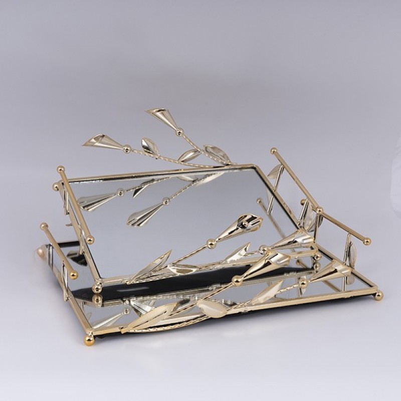 S/2 TRAY METAL WITH MIRROR GOLD 37x26cm /32x20cm 819-00969