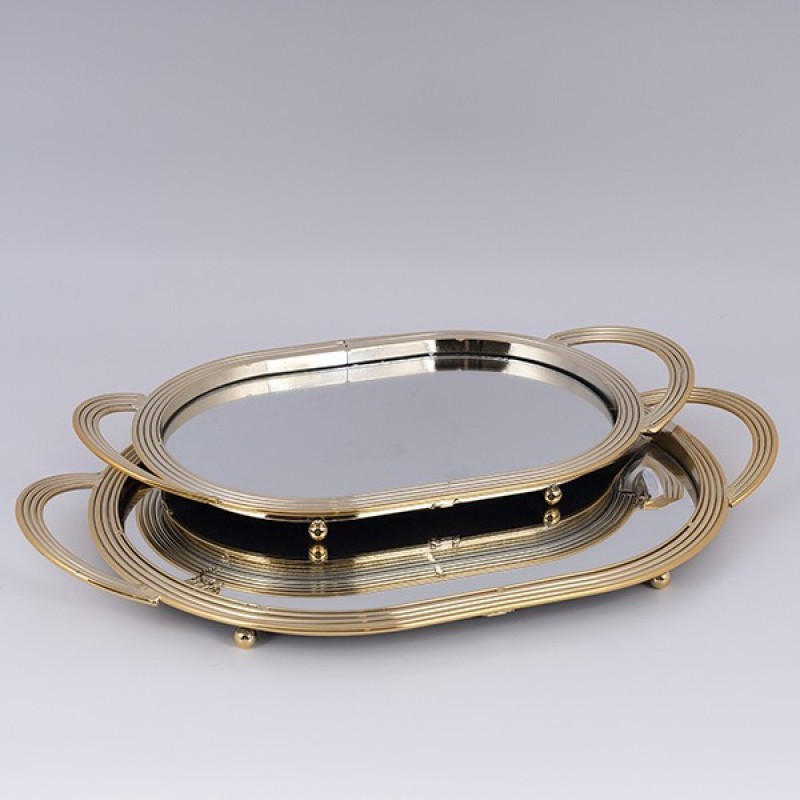 S/2 TRAY METAL WITH MIRROR GOLD 27x45cm / 21x38cm 819-00973
