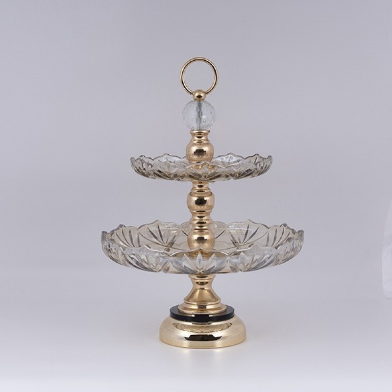 DECORATIVE CAKE STAND 2 TIERS GLASS WITH GOLD DETAILS 31x42cm 819-00975