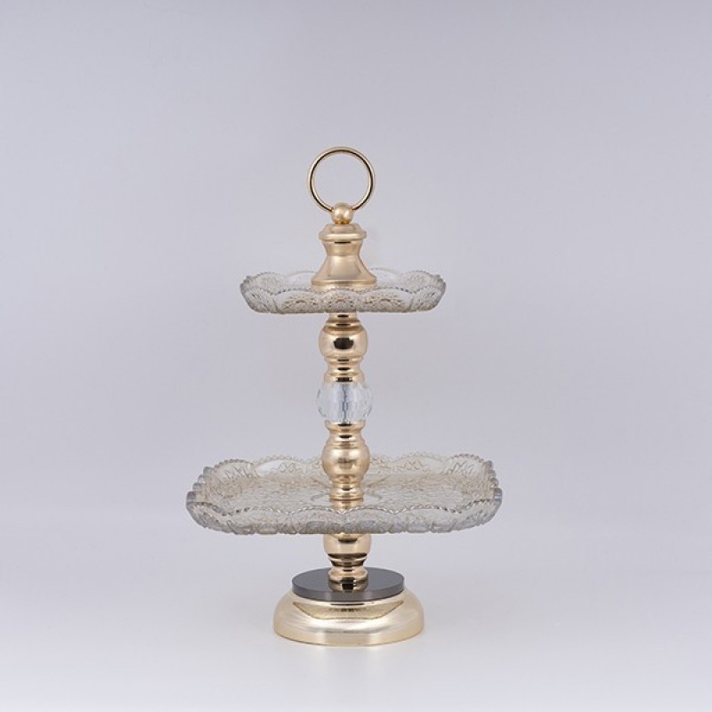 DECORATIVE CAKE STAND 2 TIERS GLASS WITH GOLD DETAILS 26x43cm 819-01029