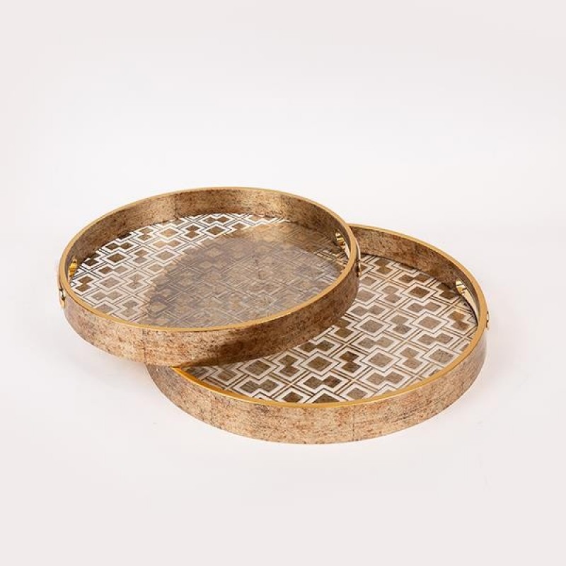 S/2 TRAY PS & GLASS GOLD 36x36x4cm / 32x32x4cm 819-01162